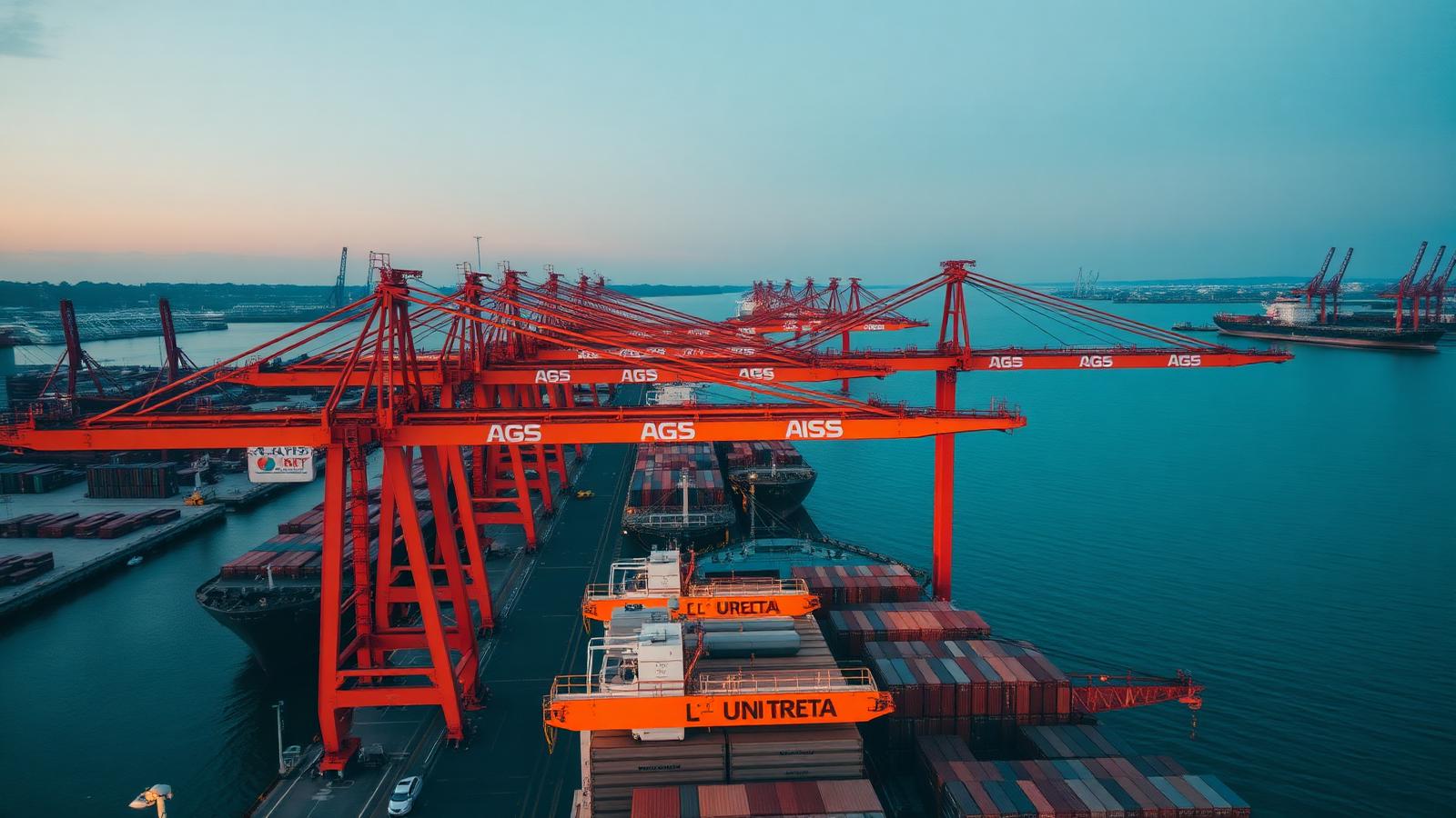 Container port terminal with orange cranes